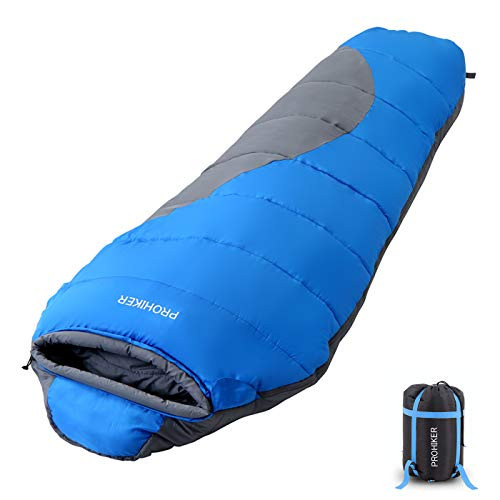 PROHIKER Mummy Sleeping Bag Lightweight for Adults Cold Weather Waterproof 4 Season for Camping Hiking with Compression Sack Backpacking Sleeping Bag for Adults   Kids  Blue