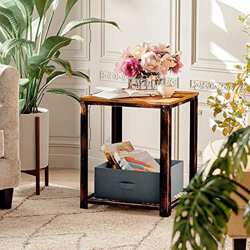 Rolanstar End Table with Foldable Storage Bin  Rustic Nightstand Side Table with Storage Shelf  Wood Look Accent Furniture with Retro Metal Frame  for Living Room  Bedroom ED001 A