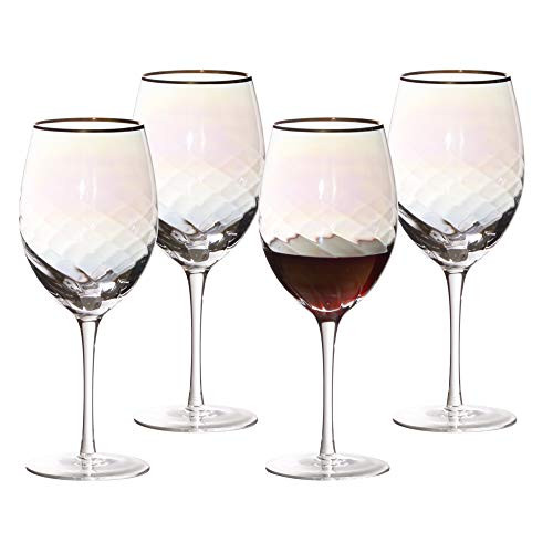 Radiance Optic Goblet With Gold Rim Handmade Iridescent Red Wine 19 5oz Drinking Glass  Set of 4 For Everyday   Entertaining