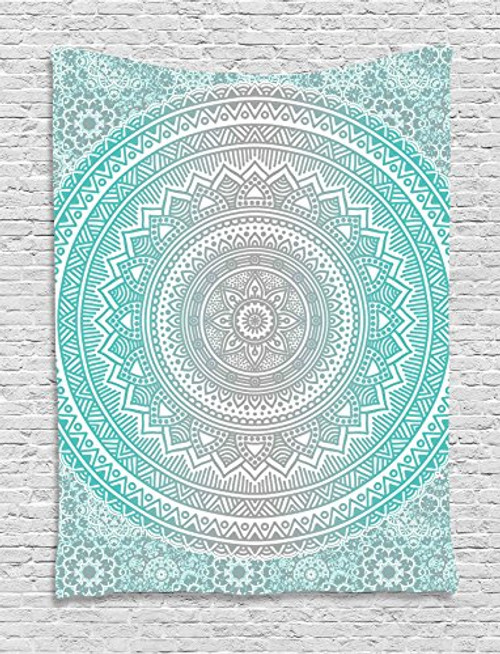 Ambesonne Grey and Aqua Tapestry, Ombre Traditional Universe Symbol with Tribal Geometric Mandala Zen Artwork, Wall Hanging for Bedroom Living Room Dorm, 40 W x 60 L Inches, Aqua Grey Ambesonne Grey and Aqua Tapestry, Ombre Traditional Universe Symbol with Tribal Geometric Mandala Zen Artwork, Wall Hanging for Bedroom Living Room Dorm, 40 W x 60 L Inches, Aqua Grey