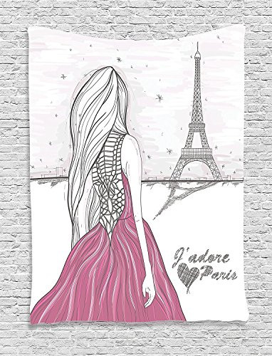 Ambesonne Paris Decor Collection, Romantic Dramatical Woman Looks at Eiffel Tower Love Theme Sketch Style Illustration Print, Bedroom Living Room Dorm Wall Hanging Tapestry, White Pink