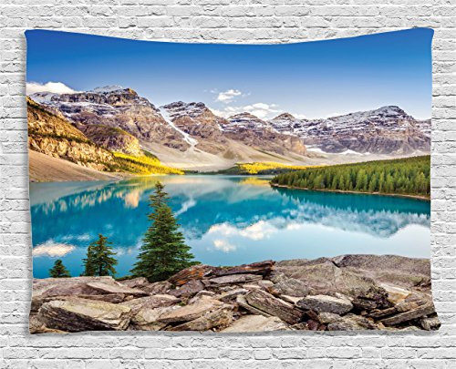 Ambesonne Landscape Tapestry, Still Calm Lake and Mountain Landscape with Rock and Sky Dream Life Print, Wall Hanging for Bedroom Living Room Dorm, 60 W X 40 L Inches, Blue Green Grey