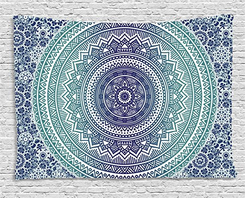 Ambesonne Navy and Teal Tapestry, Ombre Mandala Old Ethnic Art with Mehndi Style Effects Kitsch Boho Print, Wall Hanging for Bedroom Living Room Dorm, 60 W X 40 L Inches, Dark Blue White