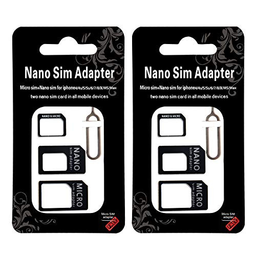 SIM Card Adapter Kit - 4 in 1 Nano Micro Standard Converter Kit with Steel Tray Eject Pin2 Pack