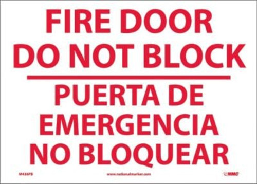 NMC M436PB Bilingual Restricted Area Sign  Legend  FIRE DOOR DO NOT BLOCK   14  Length x 10  Height  Pressure Sensitive Vinyl  Red on White