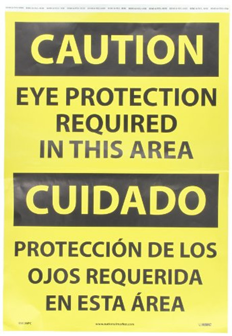 NMC ESC26PC Bilingual OSHA Sign  Legend  CAUTION - EYE PROTECTION REQUIRED IN THIS AREA   14  Length x 20  Height  Pressure Sensitive Vinyl  Black On Yellow