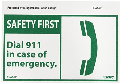 NMC SGA1AP OSHA Sign Legend SAFETY FIRST - Dial 911 in case of emergency with Graphic 5 Length x 3 Height Pressure Sensitive Vinyl Green on White Pack of 5 NMC SGA1AP OSHA Sign Legend SAFETY FIRST - Dial 911 in case of emergency with Graphic 5 Length x 3 Height Pressure Sensitive Vinyl Green on White Pack of 5
