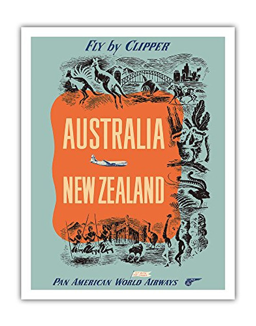 Australia - New Zealand - Fly by Clipper - Pan American World Airways - Vintage Airline Travel Poster c.1951 - Fine Art Print - 11in x 14in Australia - New Zealand - Fly by Clipper - Pan American World Airways - Vintage Airline Travel Poster c.1951 - Fine Art Print - 11in x 14in