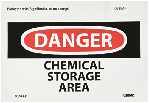 NMC D239AP OSHA Sign  Legend  DANGER - CHEMICAL STORAGE AREA   5  Length x 3  Height  Pressure Sensitive Vinyl  Red-Black on White Pack of 5