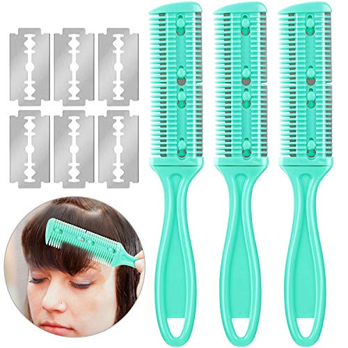 3 Pieces Razor Comb with 10 Pieces Razors  Hair Cutter Comb Cutting Scissors  Double Edge Razor  Hair Thinning Comb Slim Haircuts Cutting Tool Green