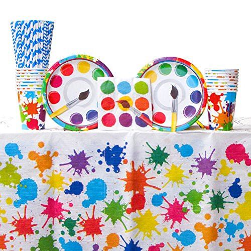 Art Party Supplies Pack Bundle for 16 Guests: Straws, Dessert Plates, Beverage Napkins, Cups, and Table Cover