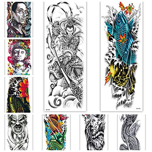 12Sheets Temporary Sleeve Tattoos-Large Full Arm Temporary Tattoos Fake Body Art Arm Tattoo Black Tattoo Body Stickers for Kids Adults QB-061~TQB02