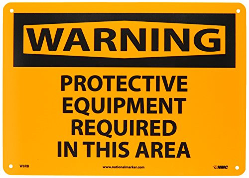 NMC W8RB WARNING  PROTECTIVE EQUIPMENT REQUIRED IN THIS AREA Sign - 14 in- x 10 in- Rigid Plastic Warning Sign with Black Text on Orange