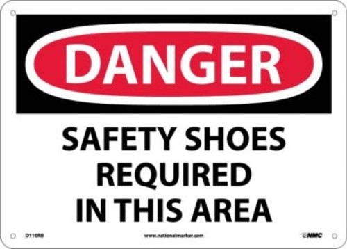 NMC D110RB DANGER - SAFETY SHOES REQUIRED IN THIS AREA - 14 in- x 10 in- Rigid Plastic Danger Sign  Black-White Text on White-Red Base