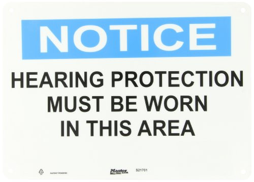 Master Lock S21701 14  Width x 10  Height Polypropylene  Blue and Black on White Safety Sign  Header  Notice   Legend  Hearing Protection Must Be Worn In This Area