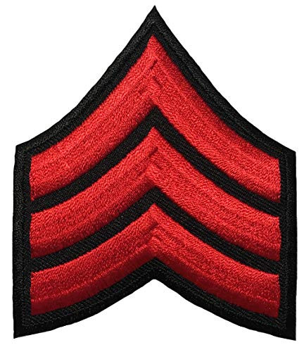U-S- Army Sergeant E-5 Stripe Army Uniform Chevron Rank Sew on Iron on Arm Shoulder Embroidered Applique Patch - Red on Black - by Ranger Return RR-IRON-E5-BKRED