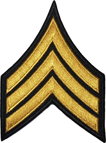 U-S- Army Sergeant E-5 Stripe Army Uniform Chevron Rank Sew on Iron on Arm Shoulder Embroidered Applique Patch - Gold on Black - by Ranger Return RR-IRON-E5-BKGL