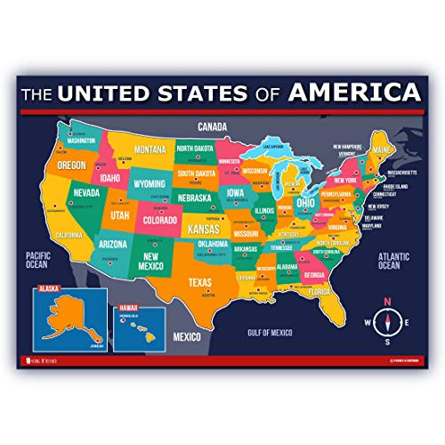 Map of USA for kids 18x24 LAMINATED 50 states and capitals Large Poster Young N Refined