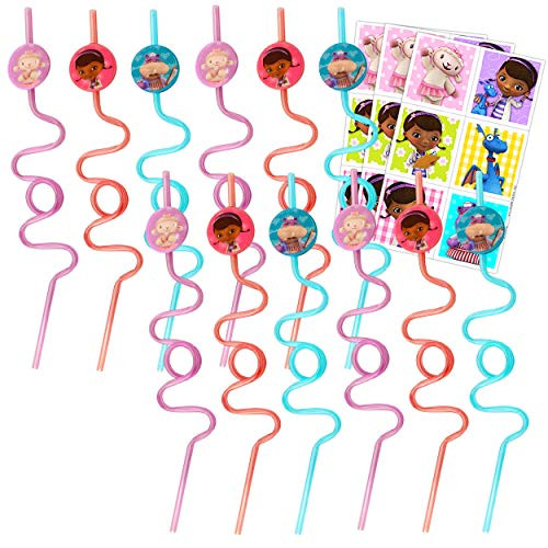 Disney Doc McStuffins Party Supplies Set - 12 Pc Doc McStuffins Reusable Straws with Doc McStuffins Stickers Doc McStuffins Party Favors Doc McStuffins Party Decorations