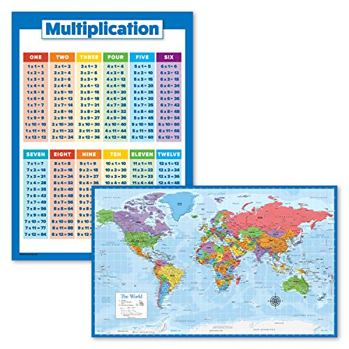 2 Pack - Multiplication Tables Poster  New Style   World Map Chart  Blue Ocean  Laminated  18  x 24