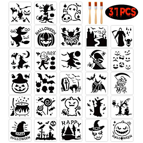 28 Pieces Halloween Painting Stencils 5-2 Inch Plastic Halloween Pumpkin Stencils Witch Skull Vampire Spider Bat Ghost Halloween Templates with 3 Pieces Brushes Ideal for DIY Craft Drawing Spraying 28 Pieces Halloween Painting Stencils 5-2 Inch Plastic Halloween Pumpkin Stencils Witch Skull Vampire Spider Bat Ghost Halloween Templates with 3 Pieces Brushes Ideal for DIY Craft Drawing Spraying