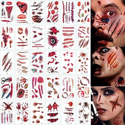 Halloween Scar Temporary Tattoos Realistic Fake Face Scar Blood Wounds Zombie Vampire Bite Spider Stitches Bloody Tattoo Sticker for Adults Kids Bulk 3D Waterproof Halloween Theme Makeup Prank Props Halloween Scar Temporary Tattoos Realistic Fake Face Scar Blood Wounds Zombie Vampire Bite Spider Stitches Bloody Tattoo Sticker for Adults Kids Bulk 3D Waterproof Halloween Theme Makeup Prank Props