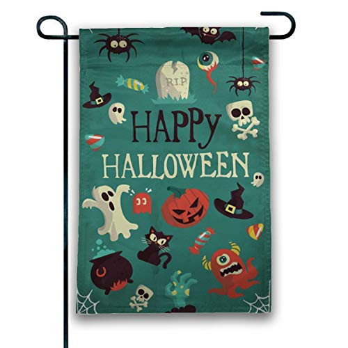 JANBOR Premium Halloween Garden Flag 12 x 18 Inches  Vertical Double-Sided Cute Pumpkin Black Cat Spider Bat and Candy Perfect for Outdoor Yard Decor