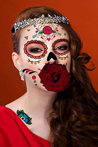 Temporary Face Tattoo  8 Kits Tattoos Sugar Skull Stickers Day of The Dead Makeup  Face Tattoo Rose Design for Halloween  Masquerade and Parties