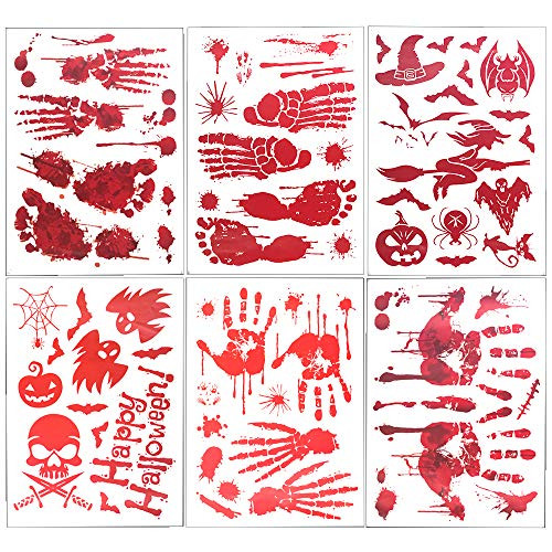Halloween Decorations Stickers  Window Stickers Floor Clings Bathroom Wall Decals  Bloody Handprint Footprint Bloodstain Spooky Spider Bat Decals for Halloween Party6 Sheet 118 pcs