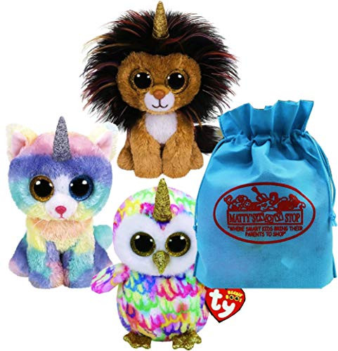 Ty Beanie Boos Fairytale Unicorns Ramsey (Lioncorn), Enchanted (Owlicorn) & Heather (Caticorn) Gift Set Bundle with Bonus Matty's Toy Stop Storage Bag - 3 Pack