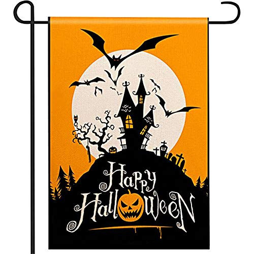 UMORNING Happy Halloween Garden Flag Vertical Double-Sided Ghost Pumpkin Castle Full Moon Bat Flag Yard Burlap Banner for Halloween Indoor   Outdoor Decoration Not Include a Flag Pole