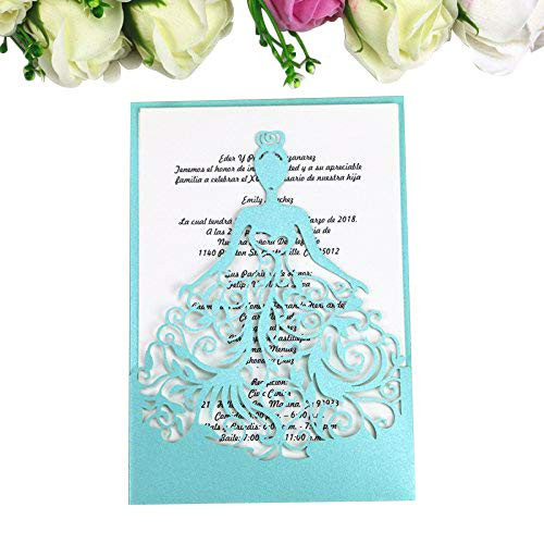 PONATIA 25PCS Laser Cut Crown Wedding Invitations Cards for Birthday Sweet 15 Quinceñera Party Invite, Wedding Bridal Engagement Invite (Tifny Blue)