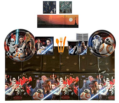 Star Wars VIII  The Last Jedi Complete Birthday Party Pack for 8 Includes 9" Dinner Plates, 7 Cake Plates, Beverage Napkins, Cups, Tablecover & Cutlery with Bonus Reusable Scene Stickers