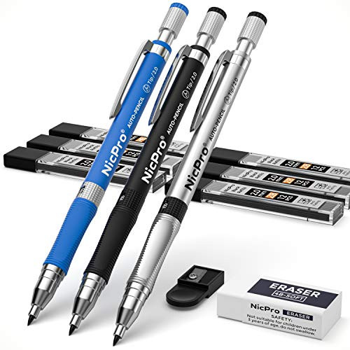 Nicpro 11 Pieces 2mm Mechanical Pencil Set  3 PCS Artist Drafting Pencil 2-0 mm for Art Drawing Writing Sketching with 6 Tube Pre-Sharpen HB   2B Refill  Eraser  Sharpener