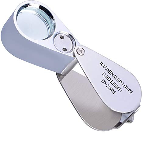 30X Full Metal Jewelry Loop Magnifier Illuminated Pocket Folding Best Magnifying Glass Jewelers Eye Loupe with LED LightLED Currency Detecting-Jewlers Identifying Type Lupe