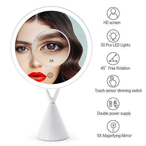 FASCINATE Round Lighted Makeup Mirror, Adjustable Brightness Natural Light Vanity Makeup Mirror 45°Rotable Light Up Mirror 35 LED Touch Screen with Mirror 5X Magnification -Cord or Cordless (White)
