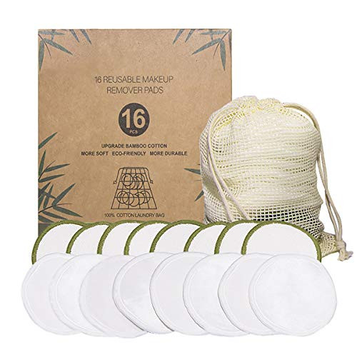 NICEWAY Reusable Makeup Remover Pads 16 Pack  2 Layers 3-2 inch Organic Bamboo Cotton Rounds with Laundry Bag  Washable Facial Cleansing Cloths for Eye Makeup Remove Face Wipe