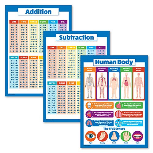 3 Pack - Addition  Subtraction Math Poster Set  Understanding The Human Body Chart for Kids Laminated  18  x 24