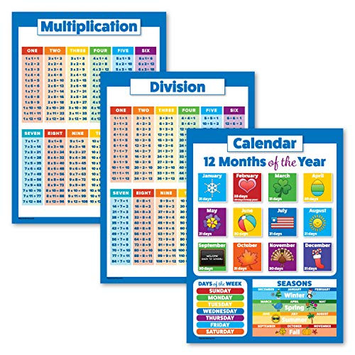 3 Pack - Multiplication Tables Poster  Division  Kids Calendar Chart Laminated  18  x 24