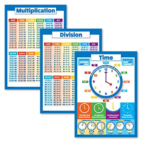 3 Pack - Multiplication Tables Poster  Division  Learning to Tell Time Chart Laminated  18  x 24