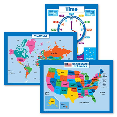 3 Pack - USA   World Map for Kids  Learning to Tell Time Poster Set Laminated  18  x 24