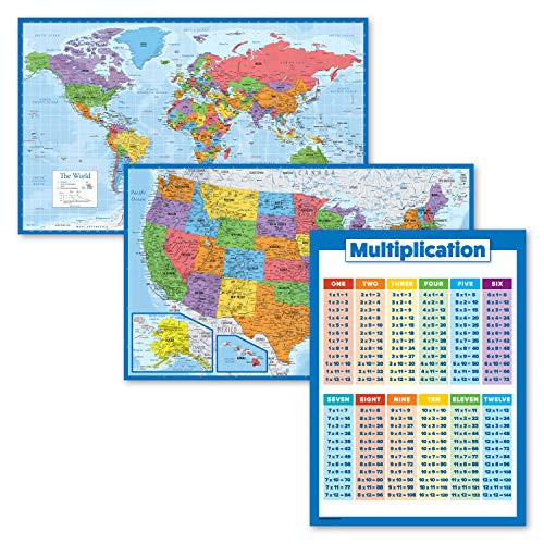 3 Pack - World   USA Map Poster Set  Multiplication Table Chart Laminated  18  x 29