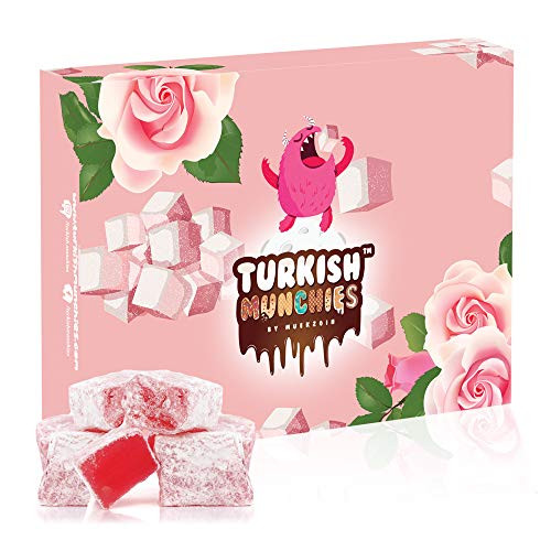 Mini Turkish Delight Lokum Gourmet Assortment by Turkish Munchies Delicias Turcas Rose Flavor Assorted Turkish Delight Giftable Candy Sweets 35 Pieces 8-5 oz