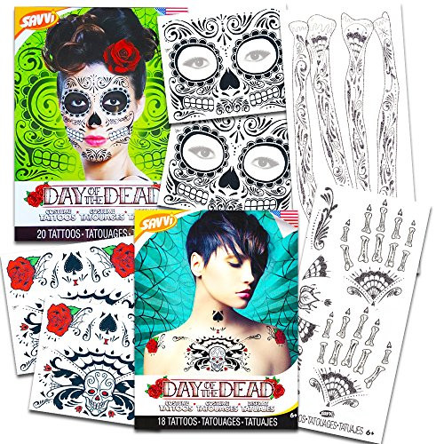 Day of the Dead Sugar Skull Ultimate Temporary Tattoo Set -- Face  Arms  Hands and Chest Tattoo Kits Glitter Web Design