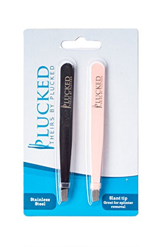 Stainless Steel Slant Tipped Tweezers By Plucked  Pack Of 2 Hair Removal Tweezers For Men And Women Slanted Tweezers For Eyebrow Plucking And Splinter Removal Easy To Use Black And Pink Tweezers