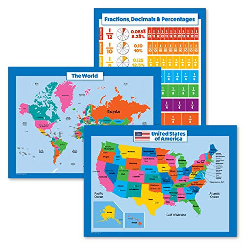 3 Pack - USA   World Map for Kids  Fractions  Decimals  Percentages Poster Set Laminated  18  x 24