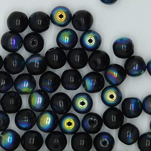 6mm Glass Beads Jet Black Czech Rainbow Iris Round Druks