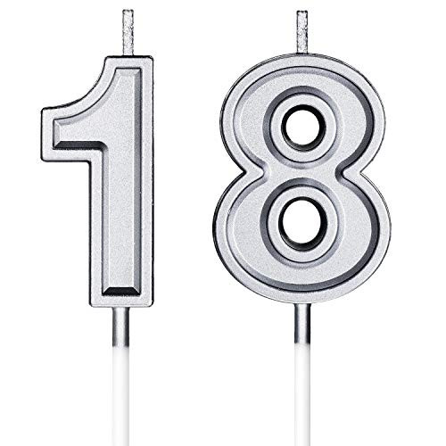 18th Birthday Candles Cake Numeral Candles Happy Birthday Cake Candles Topper Decoration for Birthday Party Wedding Anniversary Celebration Supplies Silver