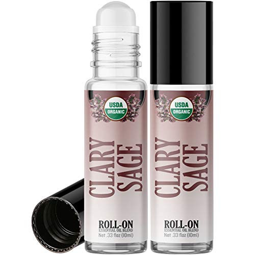 Organic Clary Sage Roll On Essential Oil RollerBall 2 PACK - USDA CERTIFIED ORGANIC Pre-diluted with Glass Roller Ball for Aromatherapy  Kids  Children  Adults Topical Skin Application - 10ml Bottle