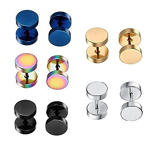 5 Pairs Different Color Stainless Steel Mens Womens Stud Earrings Set Ear Piercing Plugs Tunnel Punk Style 7mm